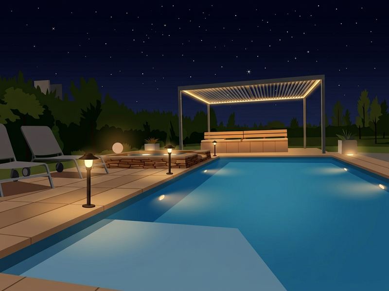 Piscina y pérgola bajo el cielo estrellado